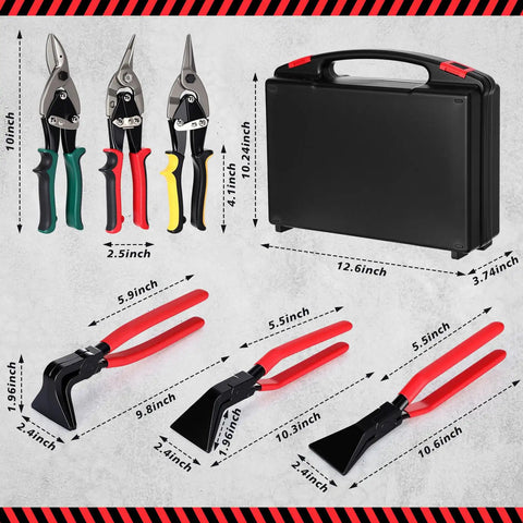 6 In 1 Sheet Metal Tools Set With 3 Hand Seamer Pliers Straight Jaw 45 Degree 90 Degree And 3 Aviation Tin Snips 10 Inch Straight Left Right With Handy Storage Case For HVAC Duct Work
