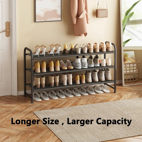 Three Tier Shoe Rack Storage Organizer, Wide Metal Shelf For Closet And Entryway, Holds Up To 18 Pairs Of Shoes, black finish