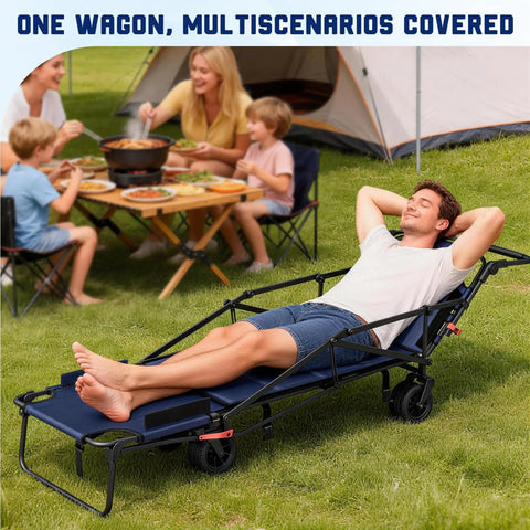 Man relaxing on Heavy Duty Folding Wagon 2 In 1 Cart And Beach Chair with family picnic, all terrain wheels visible