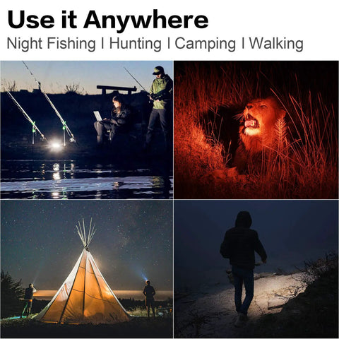 Rechargeable Handheld Spotlight Flashlight 200000 Lumens used for camping, fishing, and night hunting with red filter.