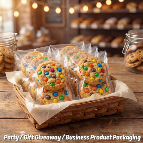 Basket of cookies in Clear 5x7 Inch Cellophane Bags With Self Sealing Closure For Cookies Candy And Party Favors Food Grade OPP Plastic