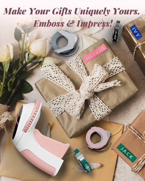 Vintage Embossing Label Maker With Six Adhesive Tape Rolls Manual Typewriter Style Sticker Gun on wrapped gifts with ribbon.