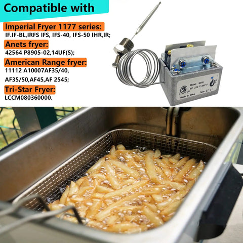 Upgraded 1177 High Limit Fryer Thermostat Switch Three Eighths Inch MPT 450 F Replacement OEM Part in deep fryer with fries
