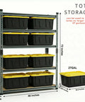 Extra Wide Heavy Duty Garage Shelving 3000 LB 5 Tier Metal Storage Rack with black and yellow tote bins for organized storage.