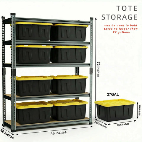 Extra Wide Heavy Duty Garage Shelving 3000 LB 5 Tier Metal Storage Rack with black and yellow tote bins for organized storage.