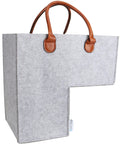 Gray felt stair basket storage organizer for clutter control with brown handles, fits on bottom two steps, 16.5x10x15.75 inches.