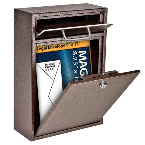 Heavy Duty Steel Locking Mounted Mailbox For Office Drops And Interoffice Mail, bronze wall mount with mail slot and lock