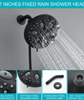 7-inch fixed rain shower head with anti-blocking silicone nozzle and adjustable swivel ball joint.