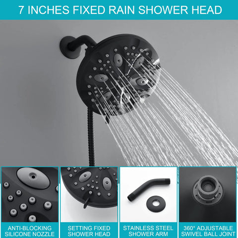 7-inch fixed rain shower head with anti-blocking silicone nozzle and adjustable swivel ball joint.
