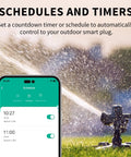 Smartphone app scheduling outdoor smart plug with sprinkler showing Outdoor Matter Smart Plug 2 Pack IP65 Waterproof No Hub Needed