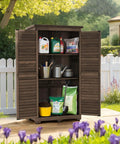 Outdoor Storage Cabinet For Yard And Patio, Tall 63 Inch Wooden Garden Shed With Lockers, open with tools inside