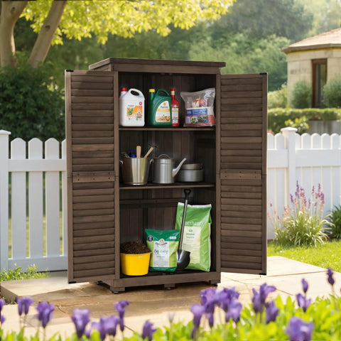 Outdoor Storage Cabinet For Yard And Patio, Tall 63 Inch Wooden Garden Shed With Lockers, open with tools inside