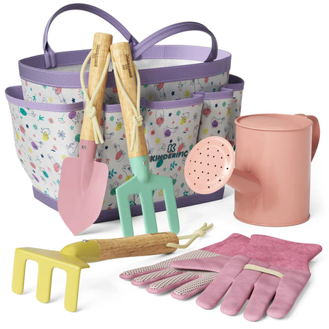 Kid-Friendly Garden Tool Set For STEM Fun With Tote Bag Watering Can Shovel Rake Trowel Gloves And Egg Hunt Play, displayed on a table.