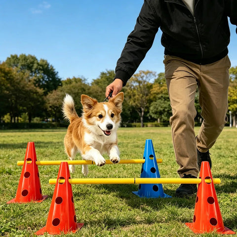 Dog jumping over adjustable hurdles in All In One Dog Agility Jump Set For Backyard Training With Adjustable Hurdles Weave Poles And Cones