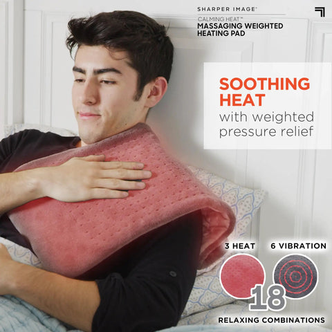 Man using Weighted Heating Pad With Calming Heat And Massaging Vibrations, 3 Heat Levels And 6 Massage Settings for relief
