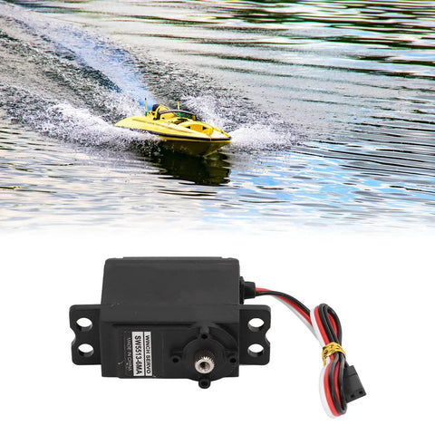 Beefy Metal Gear Sail Winch Servo Motor With Alloy Gears Analog Servo for ship rope rewind shown with a yellow speedboat on water