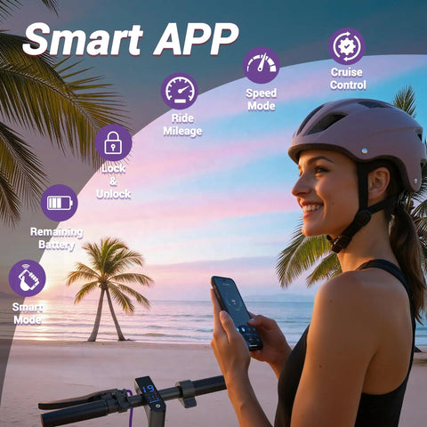 Woman using Smart App features on Grab Your Foldable Electric Scooter For Smooth Adult Commutes Featuring A Badass 500W Motor Super Long 40 Mile Range Quick Three Second Setup Easy Car Storage And Zippy Urban Cruising Action.