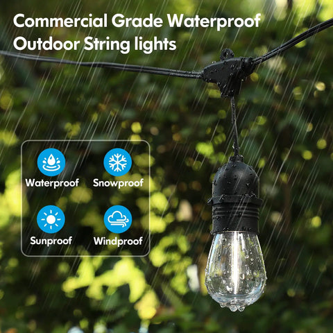 Outdoor 48ft LED String Lights With Waterproof Shatterproof Edison Bulbs in rain, showcasing weatherproof features