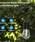 2-Pack 96Ft Outdoor String Lights With Waterproof Dimmable LED Bulbs 5000K Daylight White S14 Filament showing snow and rainproof features