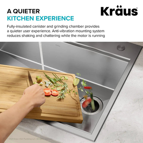 Hand scraping vegetables into sink with WasteGuard Beefy 3/4 HP Ultra Quiet Garbage Disposal With Quick Connect And Included Drain Cover