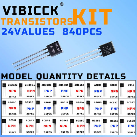 Assorted TO92 Transistor Kit With 840 Pieces, 24 Values, NPN And PNP Bipolar Transistors Diagram and Quantity Details