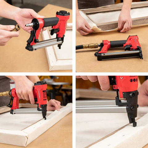 Oil Free Pneumatic Staple Gun for wood upholstery carpet and wire fencing fits one quarter to nine sixteenth inch staples
