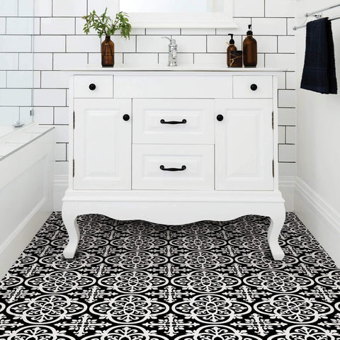 Bathroom with Gothic Black Peel And Stick Floor Tiles For DIY Makeover Easy Install No Grout Water Resistant Durable Vinyl With Textured Low Luster Finish