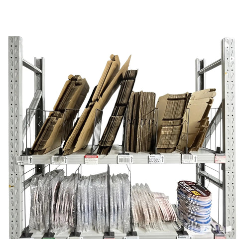 Twenty Pack Heavy Duty Wire Shelf Dividers With Double Buckle Clips For Store Fixtures And Library Shelving Includes Erasable Price Labels, organized cardboard display on wire rack.