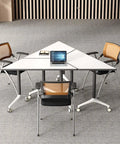 Foldable Office Desk With Hella Smooth Rolling Wheels And Rock Solid Steel Frame, Adjustable Mobile Computer Workstation For Compact Spaces, No Sweat Assembly, Durable Study Table For Modern Home Setups, triangular design with laptop.