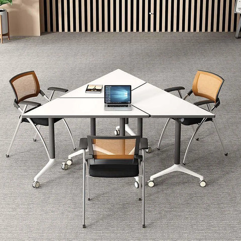 Foldable Office Desk With Hella Smooth Rolling Wheels And Rock Solid Steel Frame, Adjustable Mobile Computer Workstation For Compact Spaces, No Sweat Assembly, Durable Study Table For Modern Home Setups, triangular design with laptop.