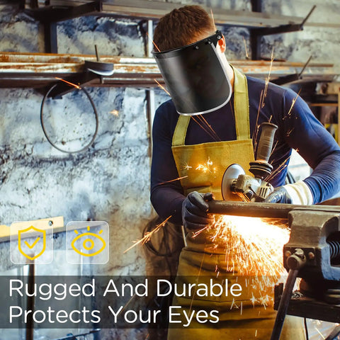 Worker using Replacement Face Shield Lens 15.5 x 8 Inches Black Protective Safety Shield, Durable Polycarbonate for grinding