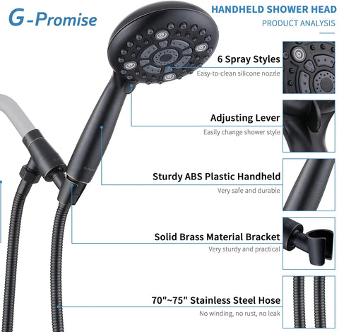 High Pressure Handheld Shower Head With 6 Spray Settings Detachable Design 4.9 Inch Face and 70-75 Inch Hose