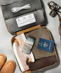 Travel Voltage Converter 220V To 110V With 4 USB Ports, 250W Power Adapter in open suitcase with shoes and passport