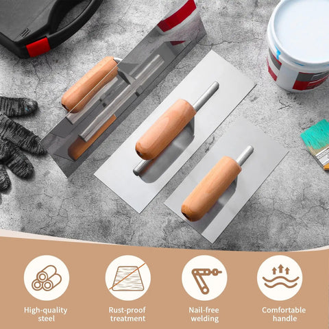 3 Piece Drywall Trowel Set Pro Grade Stainless Steel Masonry Finishing Trowels With 14x4 12x4 8x3 Inch Blades on concrete