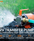 12V DC Water Transfer Pump With Self Priming, 330 GPH Portable Electric Pump spraying water on gravel surface