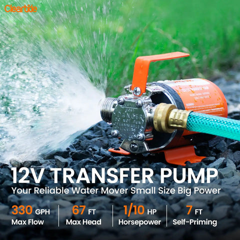 12V DC Water Transfer Pump With Self Priming, 330 GPH Portable Electric Pump spraying water on gravel surface