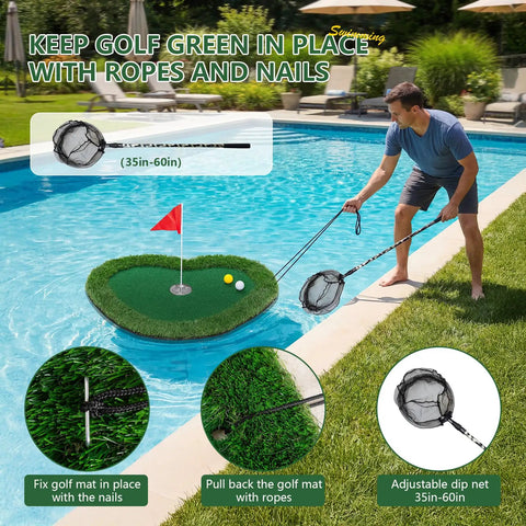 Man using ropes to stabilize a Floating Golf Green 35x28 For Pool And Lake with included balls, mat visible in a backyard pool.