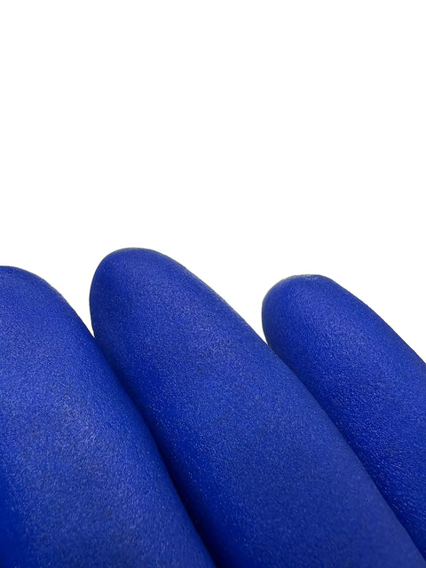 Heavy Duty Elbow Length Pvc Work Gloves With Rough Nonskid Grip Built For The Daily Grind Handles Grease And Slippery Locations Medium Blue Single Pair close-up of blue glove fingers.