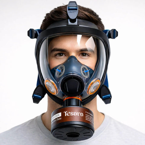 Front view of Full Face Respirator Mask With Anti Fog Seal Heavy Duty Air Filtration For Particulates And Vapors 40mm Filter Canister