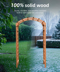 Solid Fir Wood Garden Arch Trellis for Climbing Plants in a garden with rain and snow, showing durability and strength.