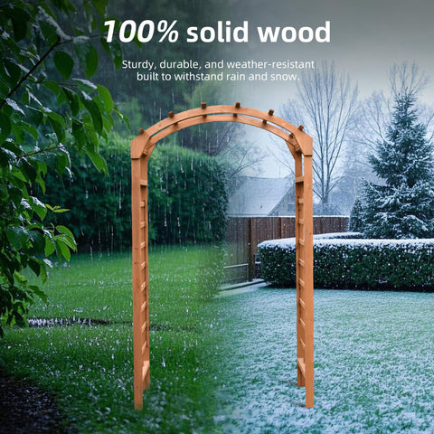Solid Fir Wood Garden Arch Trellis for Climbing Plants in a garden with rain and snow, showing durability and strength.