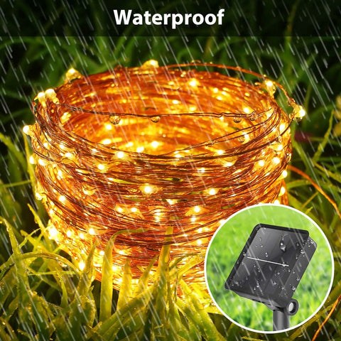 Six Pack Solar String Lights Outdoor Waterproof 157Ft Total With 480 LED Warm White Copper Wire Twinkle Lights in rain