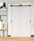 White Primed Solid Core Sliding Barn Doors 40x96 Inch Double Door Set With Bypass Hardware Kit installed in a room.