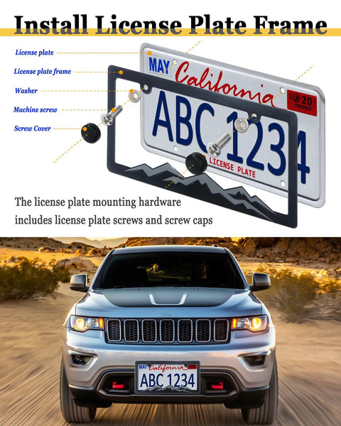 Mountain Themed License Plate Frames Gray On Black Raised Mountain Design Plastic Car Tag Holder With Screws Caps 2 Pack 2 Hole Includes Mountain Vinyl Sticker