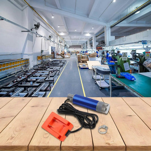 Heavy Duty Cordless Diesel Transfer Pump 40-60 L/min Fast Flow Oil Water Submersible with power switch and hose clamp on wooden table.