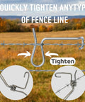 Fence Stretcher Tool Kit With 50 Tightener Clips And Heavy Duty Handle For Barbed Wire Chain Link And Farm Fencing Rugged Pro Grade Workhorse Rust Resistant Tensioner For Ranch Garden And Pasture shown tightening barbed wire in field