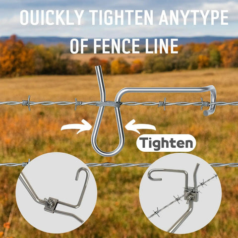 Fence Stretcher Tool Kit With 50 Tightener Clips And Heavy Duty Handle For Barbed Wire Chain Link And Farm Fencing Rugged Pro Grade Workhorse Rust Resistant Tensioner For Ranch Garden And Pasture shown tightening barbed wire in field