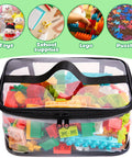 Front view of 4 Pack Black Clear Toy Storage Bags With Zipper 9.4 By 6.7 By 4.3 Inches Transparent PVC Organizer Pouches filled with blocks