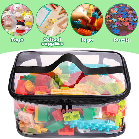 Front view of 4 Pack Black Clear Toy Storage Bags With Zipper 9.4 By 6.7 By 4.3 Inches Transparent PVC Organizer Pouches filled with blocks