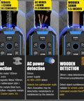 Stud Finder Wall Scanner4 in1Wall Stud Detector of AC Wire Wood Metal Studs showing functions for metal, AC wires, and wood detection.